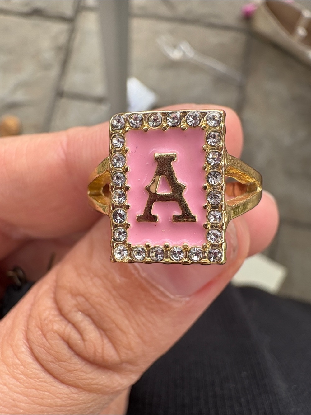 Initial A‎ Ring Women OS Pink Gold Excellent Crystal Pavé Enamel Signet
